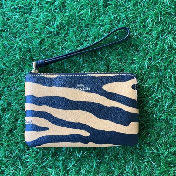 Coach Handbags - Coach Corner Zip Wristlet With Tiger Print Gold/Honey/Black Multi
